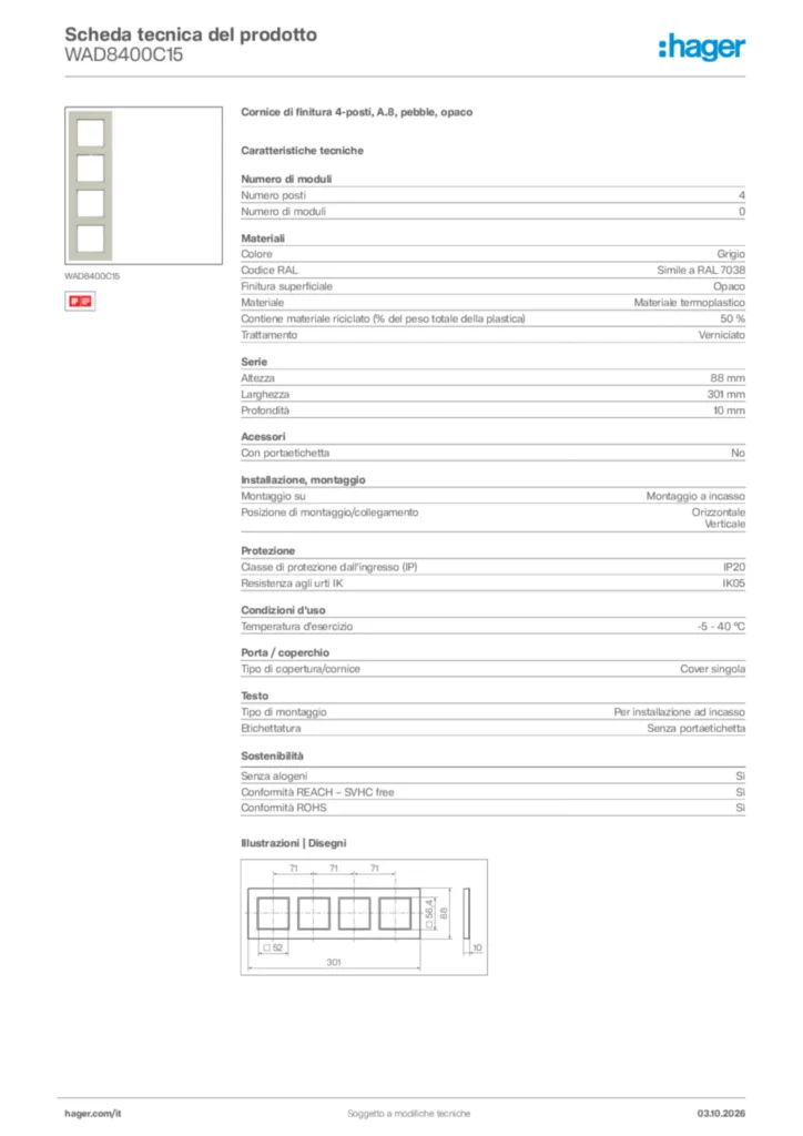 Immagine Hager Scheda tecnica del prodotto WAD8400C15 | Hager Italia