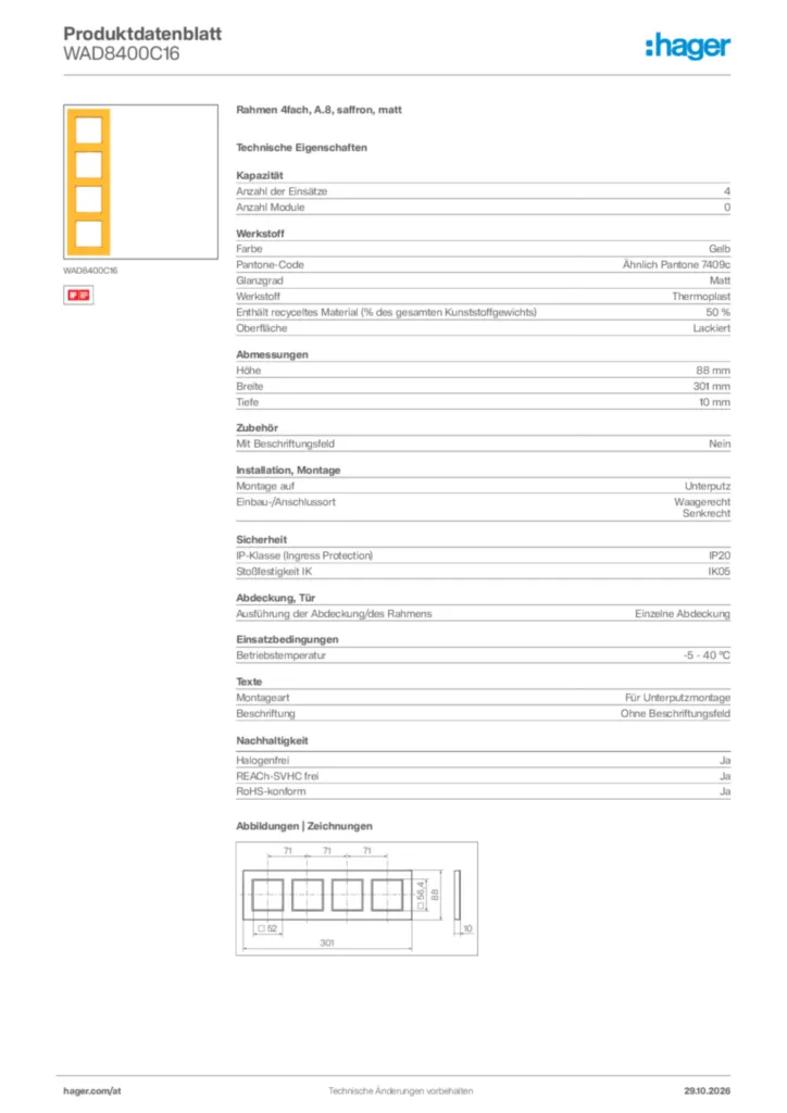 Bild Hager Produktdatenblatt WAD8400C16 | Hager Deutschland