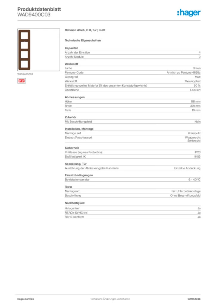 Bild Hager Produktdatenblatt WAD9400C03 | Hager Deutschland