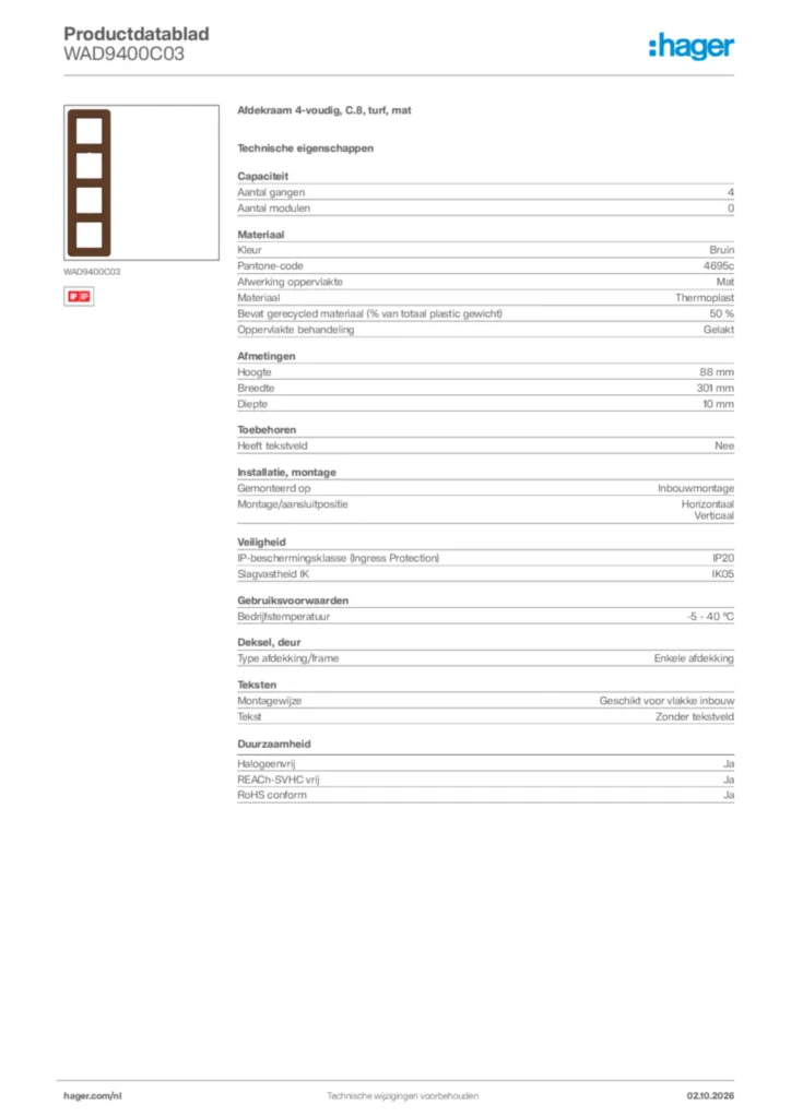 Afbeelding Hager Productdatablad WAD9400C03 | Hager Nederland