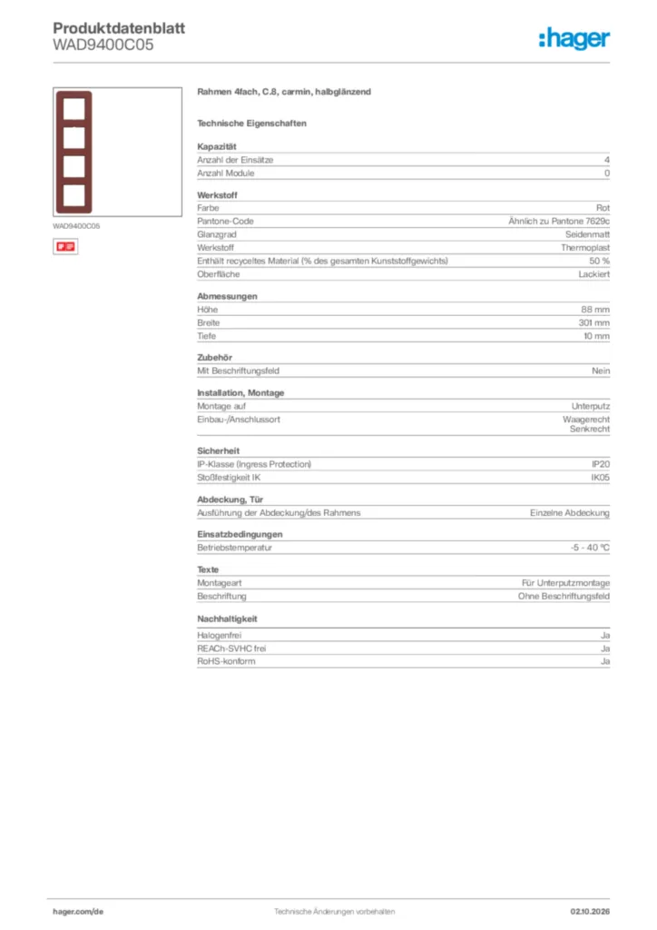 Bild Hager Produktdatenblatt WAD9400C05 | Hager Deutschland