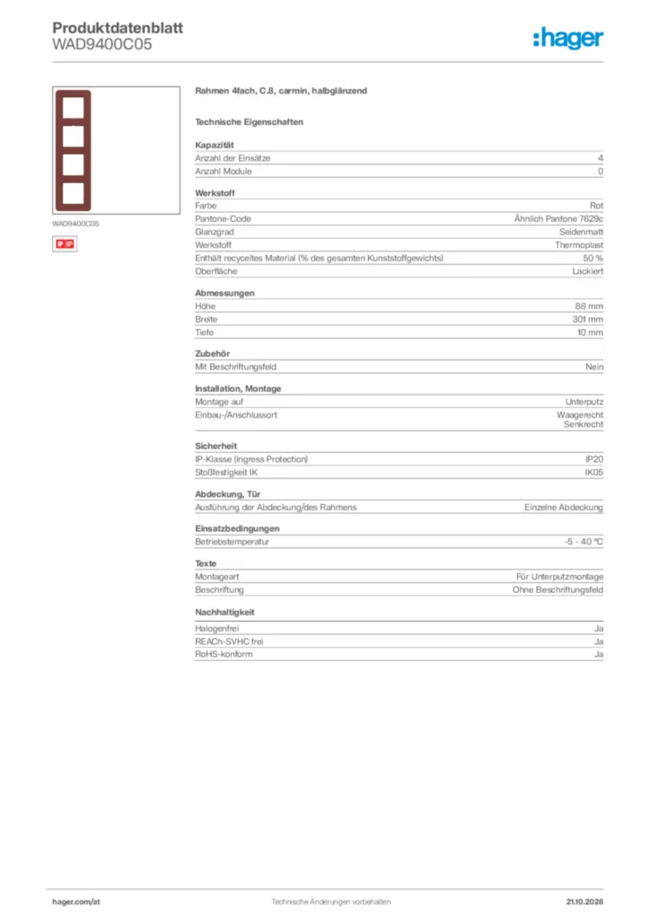 Bild Hager Produktdatenblatt WAD9400C05 | Hager Deutschland