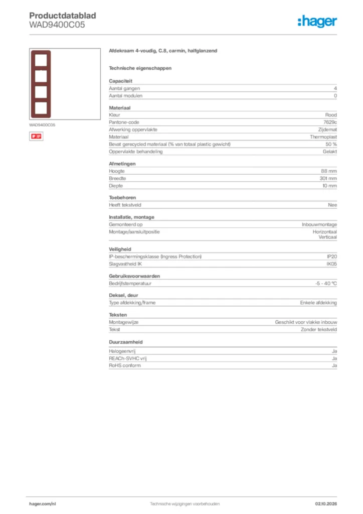 Afbeelding Hager Productdatablad WAD9400C05 | Hager Nederland
