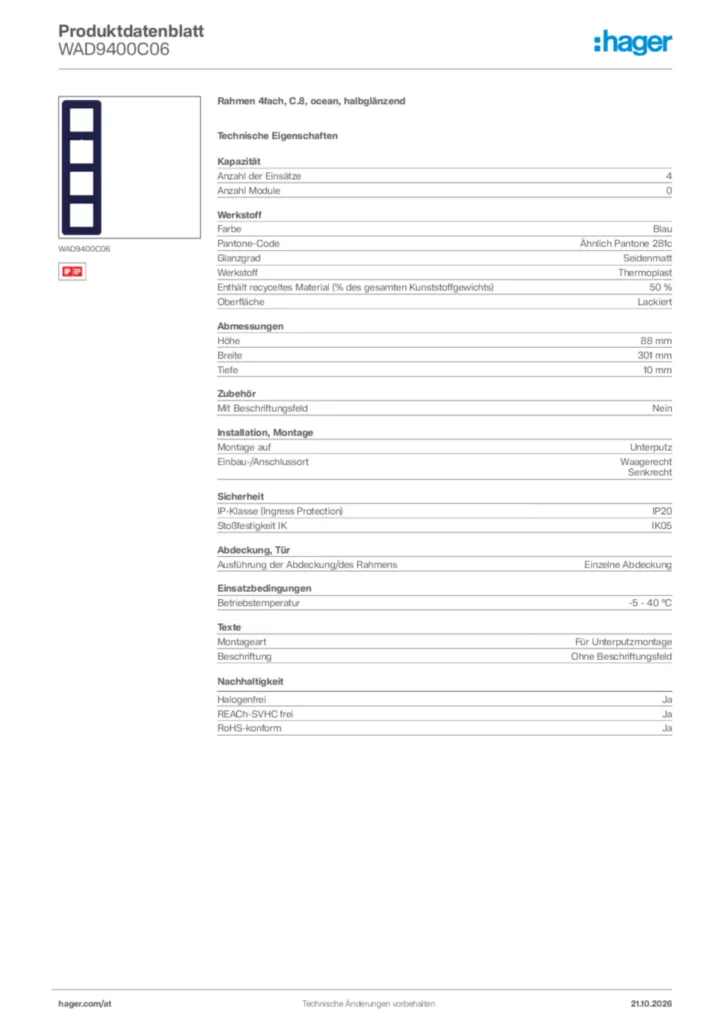 Bild Hager Produktdatenblatt WAD9400C06 | Hager Deutschland