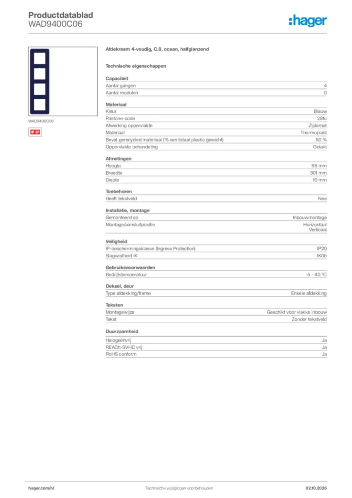 Afbeelding Hager Productdatablad WAD9400C06 | Hager Nederland