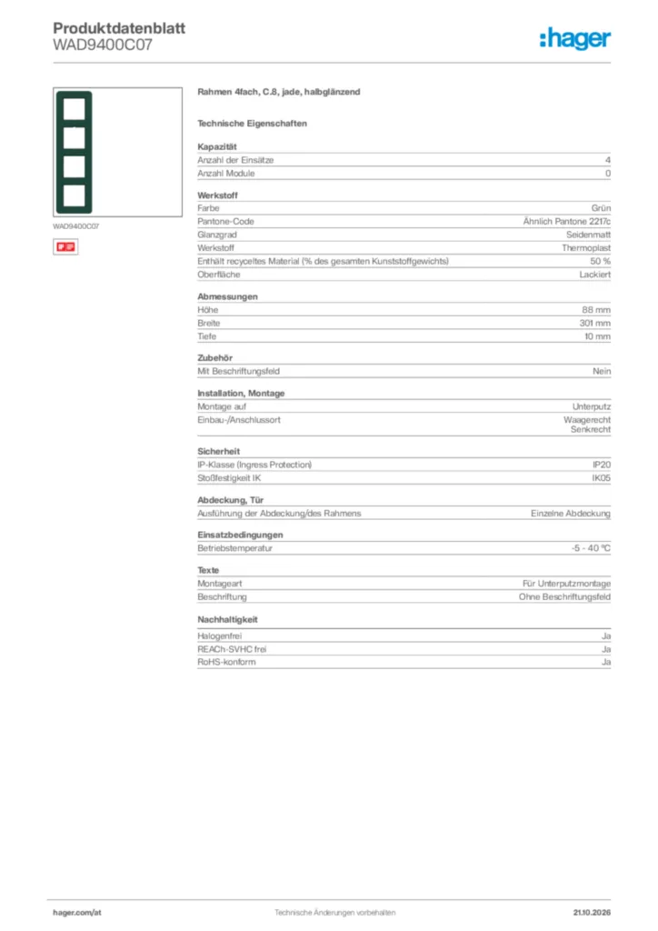 Bild Hager Produktdatenblatt WAD9400C07 | Hager Deutschland
