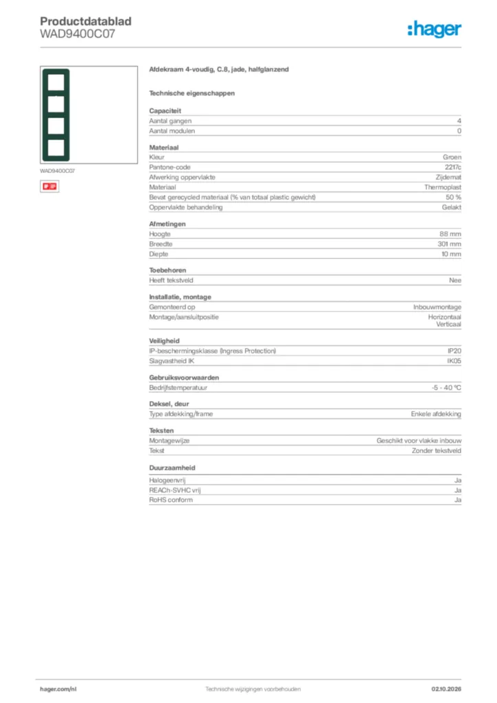 Afbeelding Hager Productdatablad WAD9400C07 | Hager Nederland