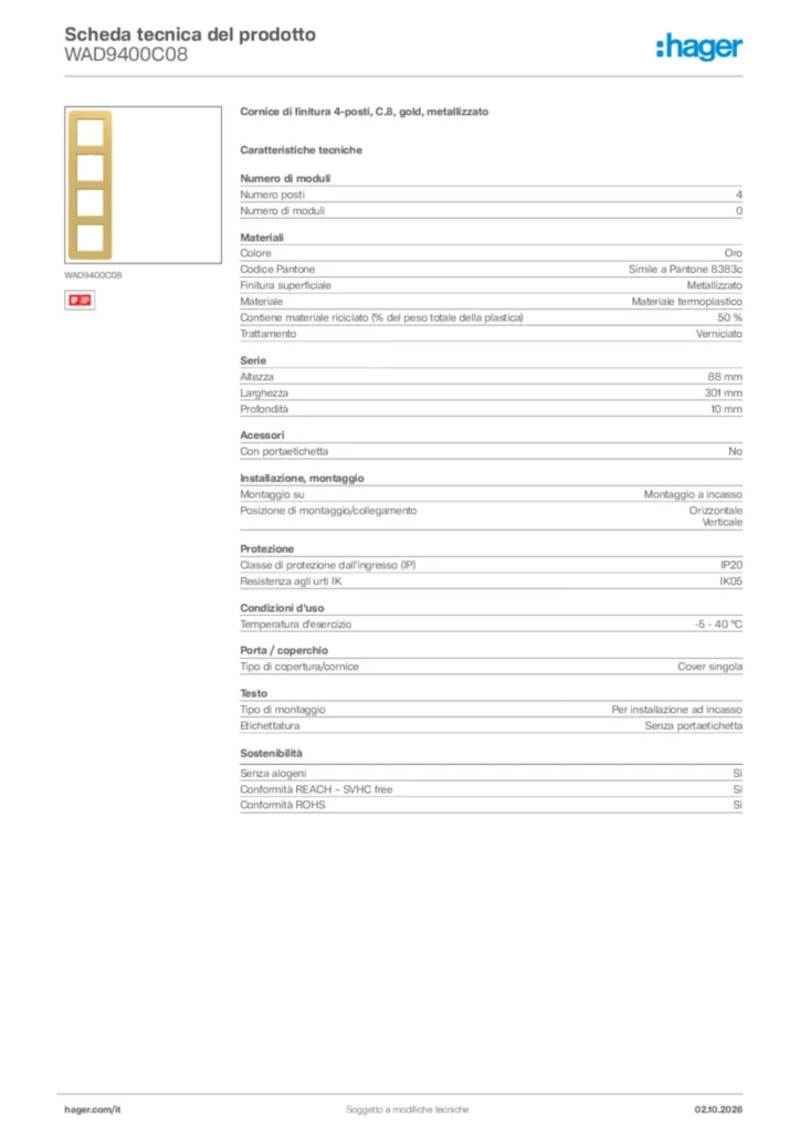 Immagine Hager Scheda tecnica del prodotto WAD9400C08 | Hager Italia