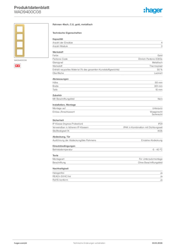 Bild Hager Produktdatenblatt WAD9400C08 | Hager Deutschland
