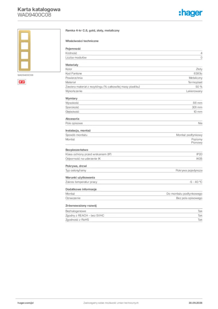 Zdjęcie Hager Karta katalogowa WAD9400C08 | Hager Polska