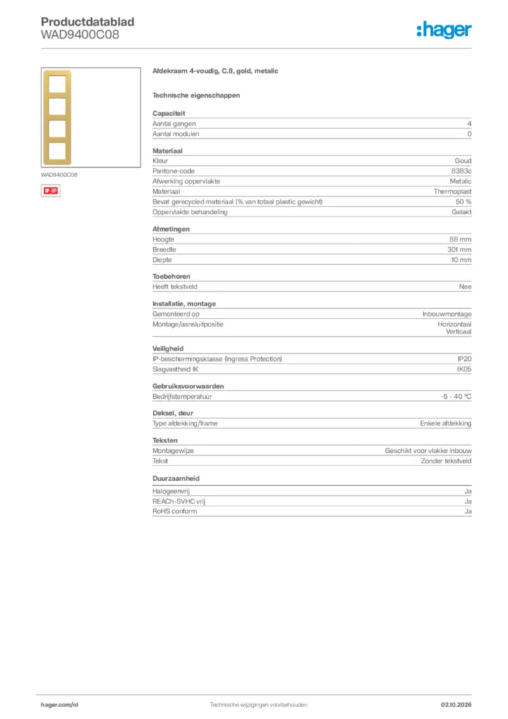 Afbeelding Hager Productdatablad WAD9400C08 | Hager Nederland