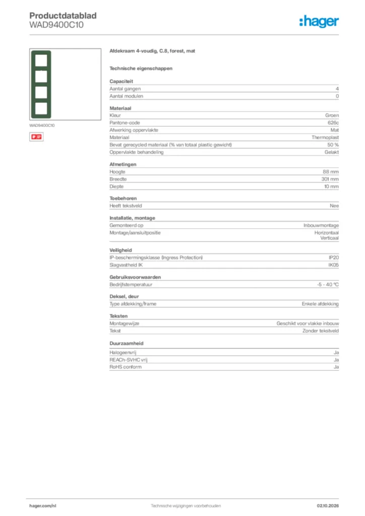 Afbeelding Hager Productdatablad WAD9400C10 | Hager Nederland