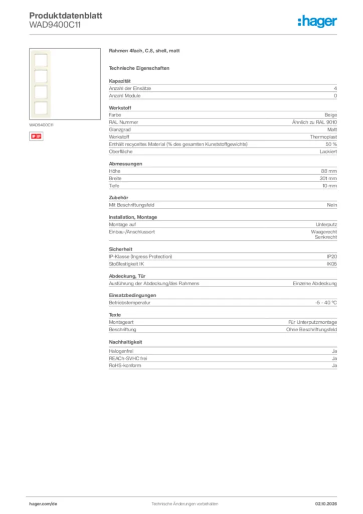 Bild Hager Produktdatenblatt WAD9400C11 | Hager Deutschland