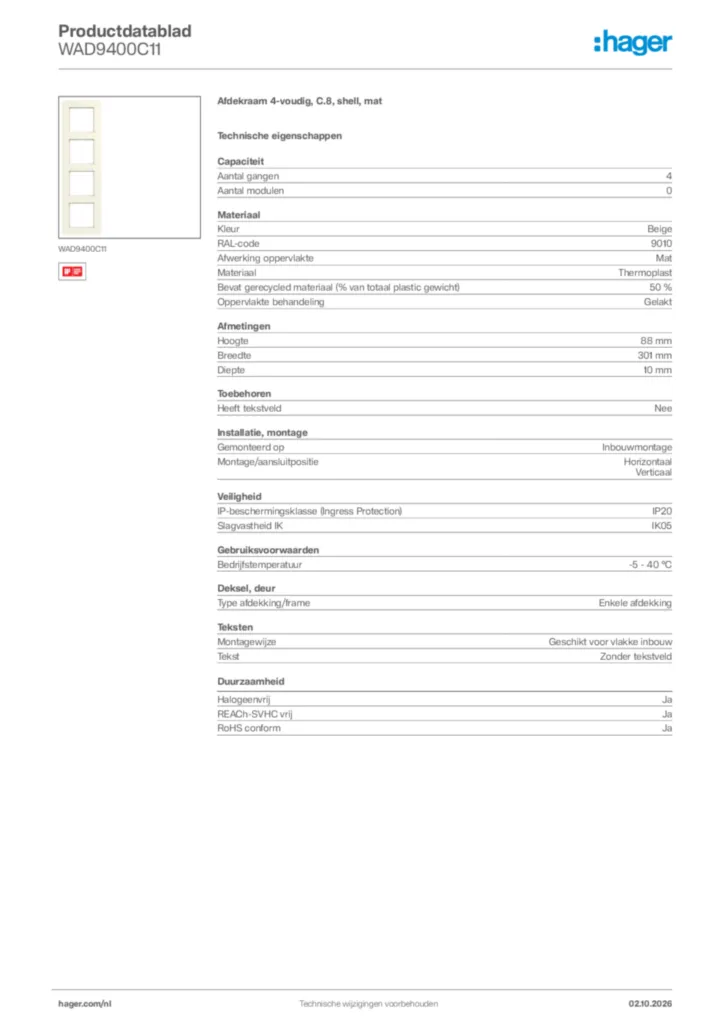 Afbeelding Hager Productdatablad WAD9400C11 | Hager Nederland