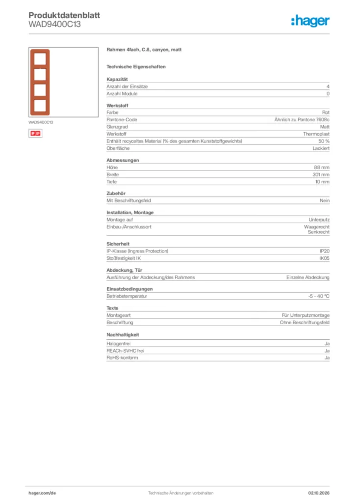 Bild Hager Produktdatenblatt WAD9400C13 | Hager Deutschland