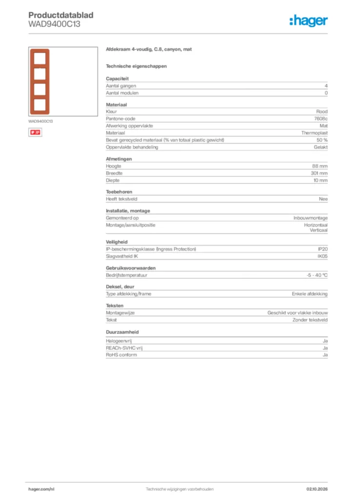 Afbeelding Hager Productdatablad WAD9400C13 | Hager Nederland