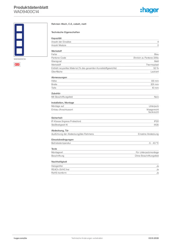 Bild Hager Produktdatenblatt WAD9400C14 | Hager Deutschland