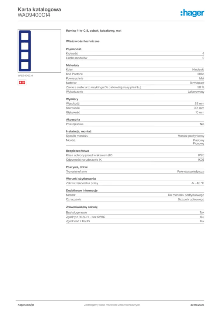 Zdjęcie Hager Karta katalogowa WAD9400C14 | Hager Polska