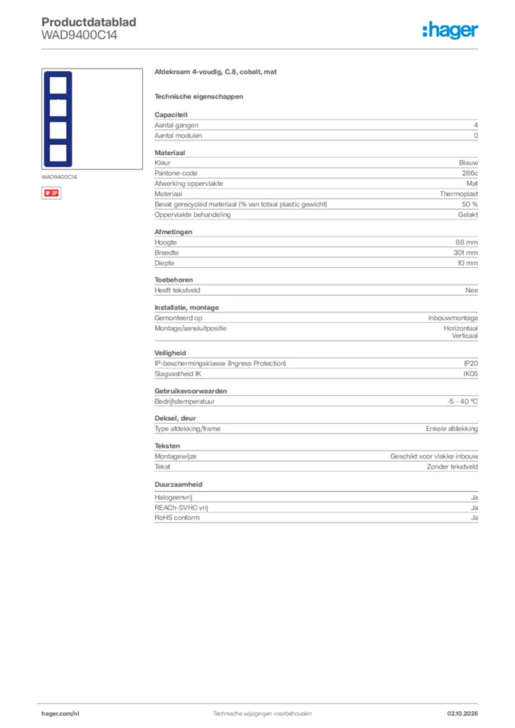 Afbeelding Hager Productdatablad WAD9400C14 | Hager Nederland