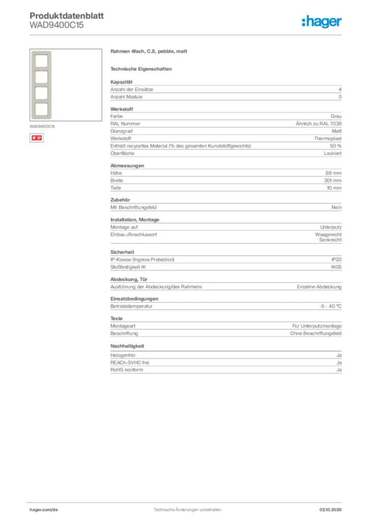Bild Hager Produktdatenblatt WAD9400C15 | Hager Deutschland