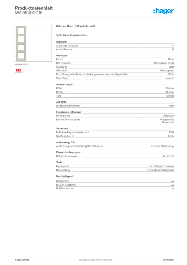 Bild Hager Produktdatenblatt WAD9400C15 | Hager Deutschland
