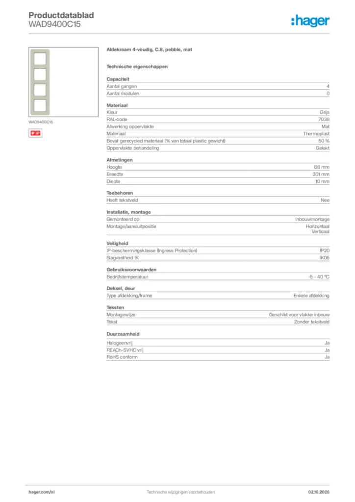 Afbeelding Hager Productdatablad WAD9400C15 | Hager Nederland