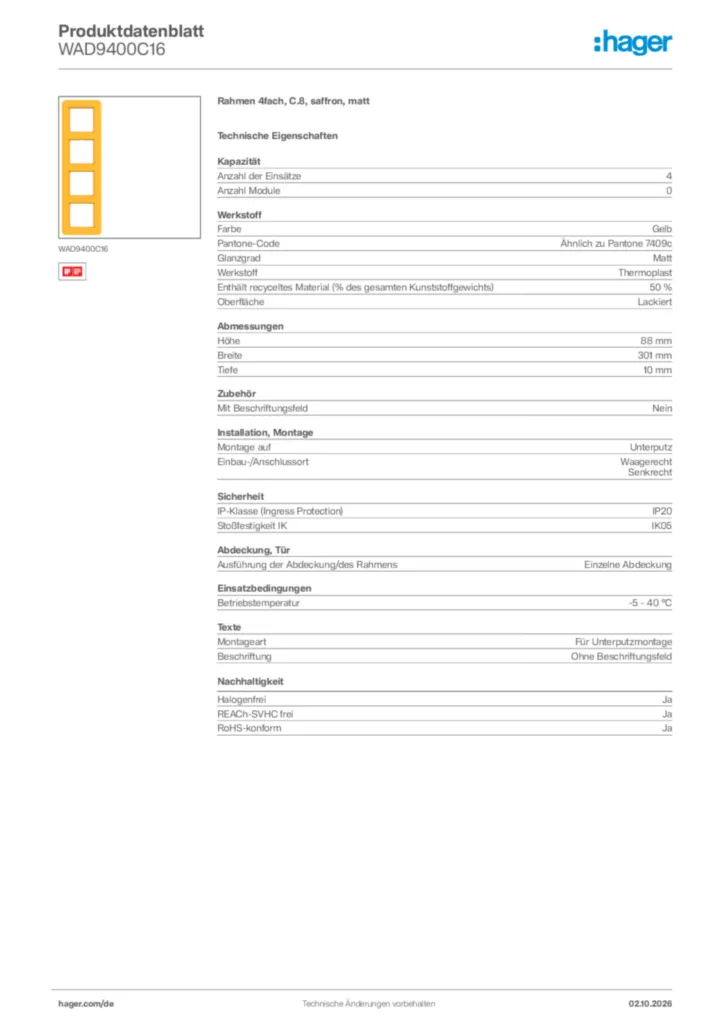 Bild Hager Produktdatenblatt WAD9400C16 | Hager Deutschland