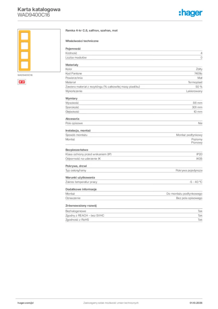 Zdjęcie Hager Karta katalogowa WAD9400C16 | Hager Polska