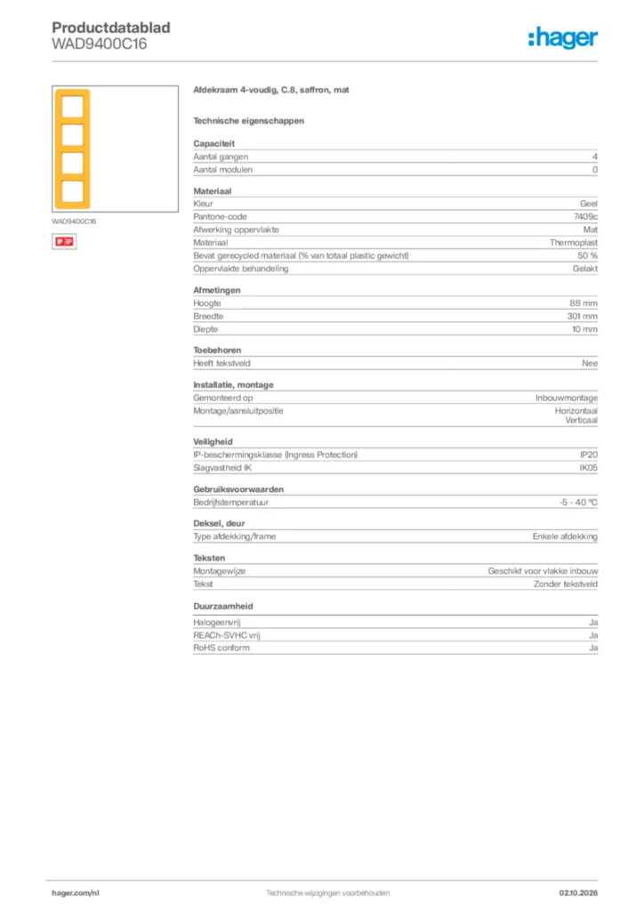 Afbeelding Hager Productdatablad WAD9400C16 | Hager Nederland