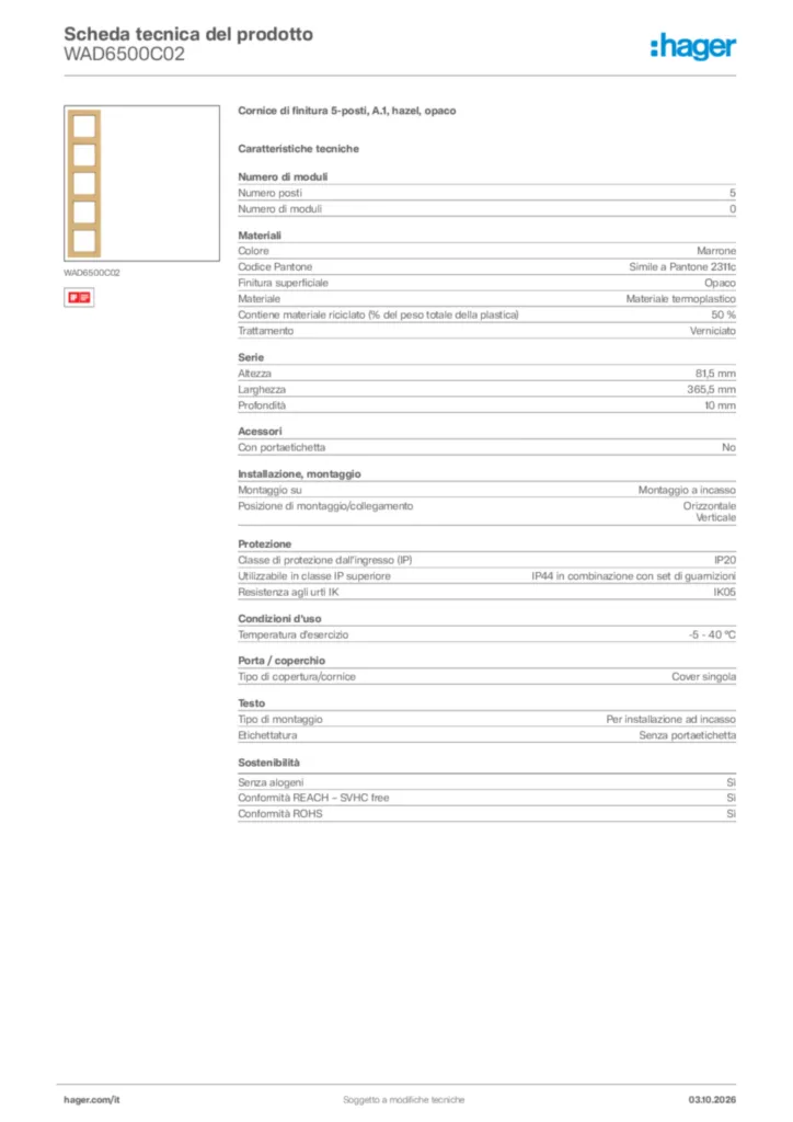 Immagine Hager Scheda tecnica del prodotto WAD6500C02 | Hager Italia