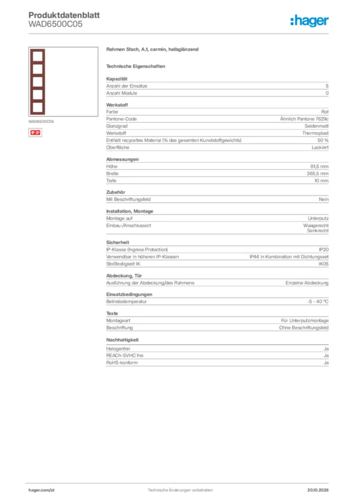 Bild Hager Produktdatenblatt WAD6500C05 | Hager Deutschland