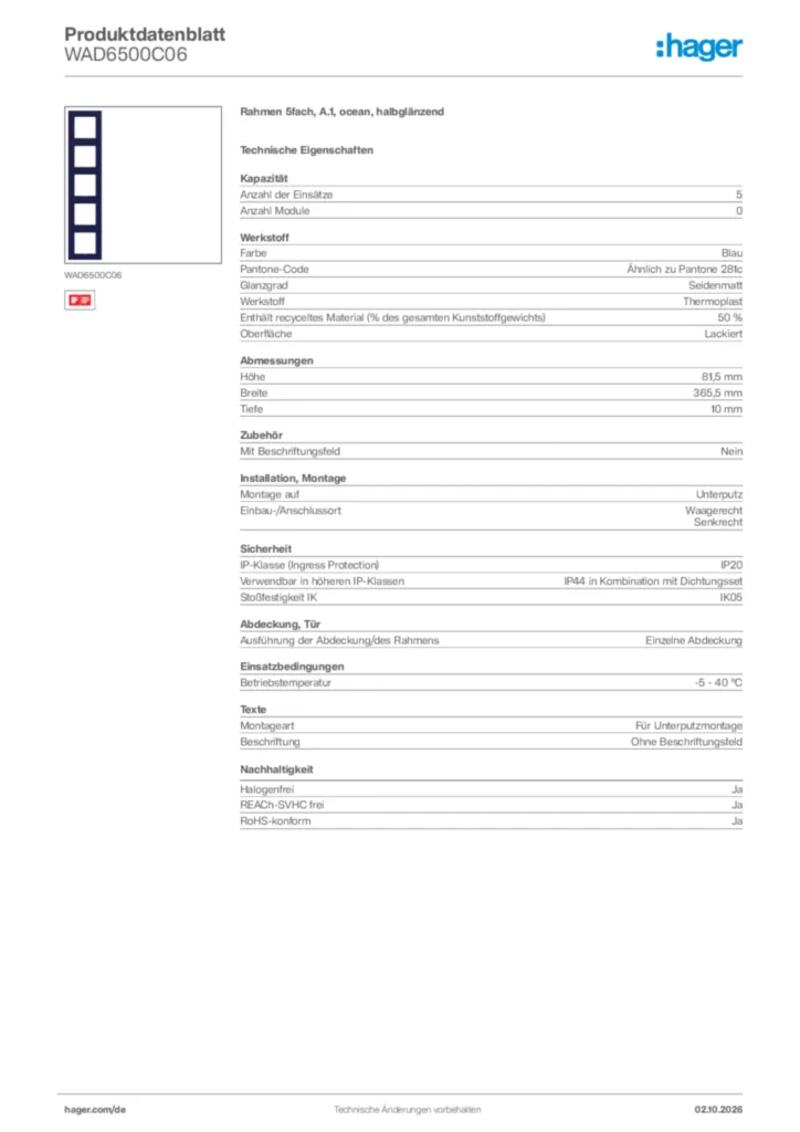Bild Hager Produktdatenblatt WAD6500C06 | Hager Deutschland