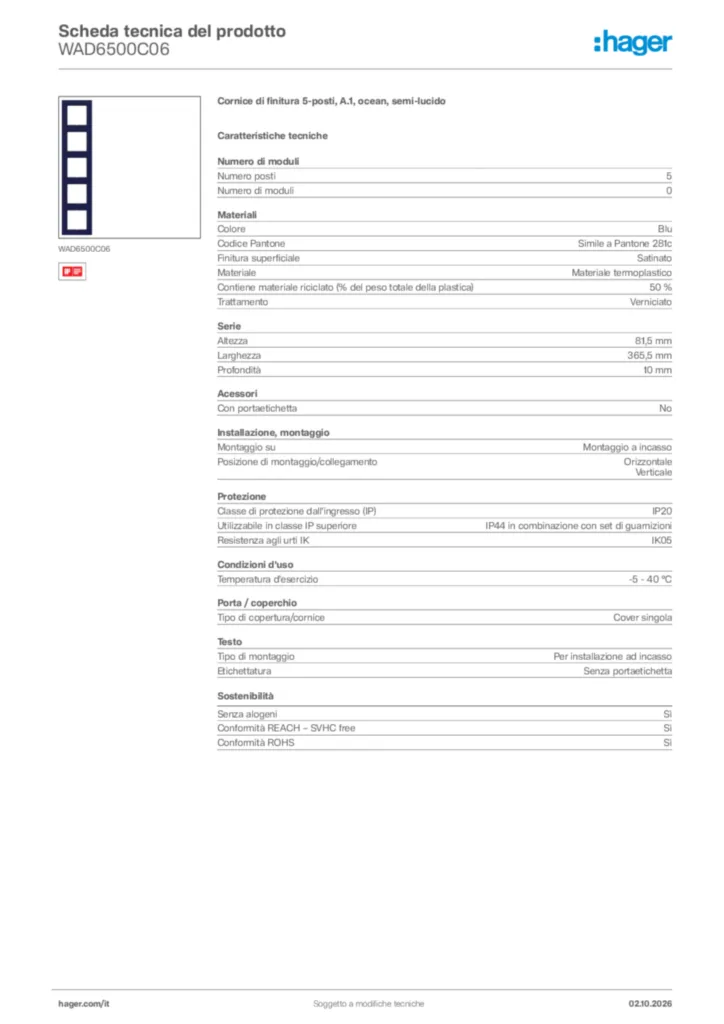 Immagine Hager Scheda tecnica del prodotto WAD6500C06 | Hager Italia