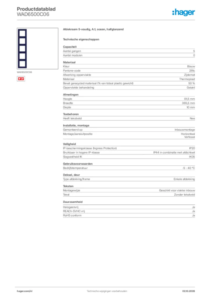 Afbeelding Hager Productdatablad WAD6500C06 | Hager Nederland