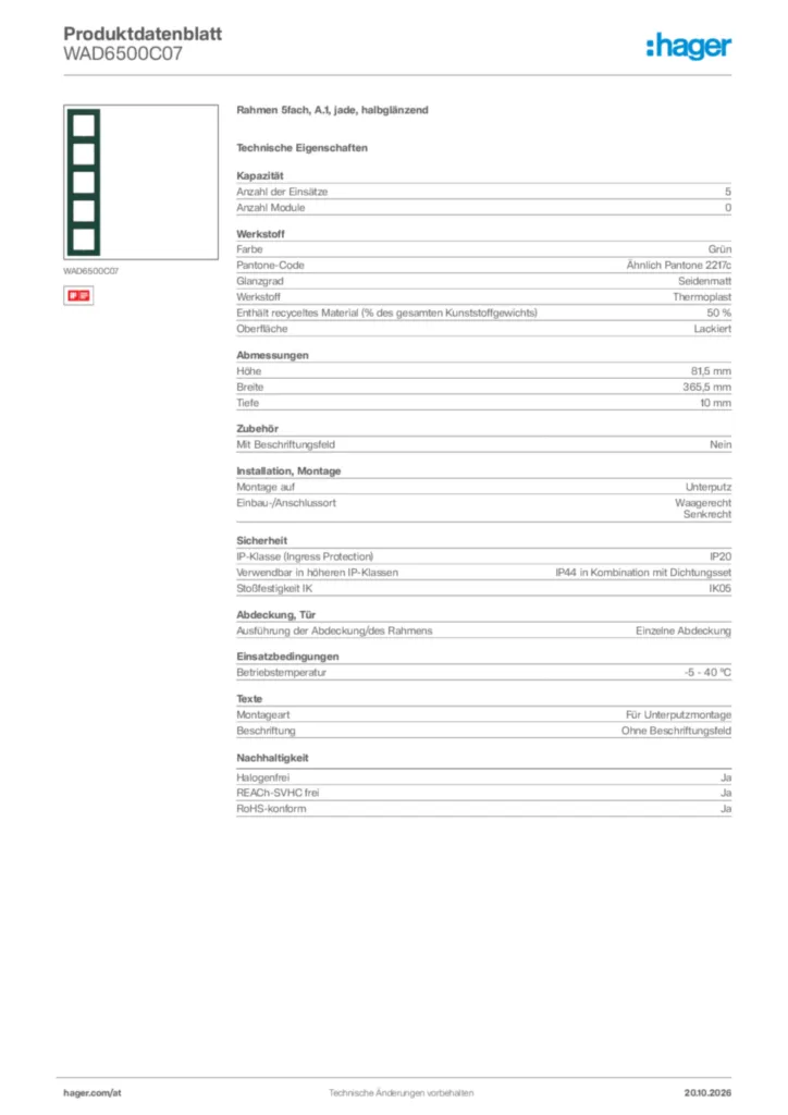 Bild Hager Produktdatenblatt WAD6500C07 | Hager Deutschland