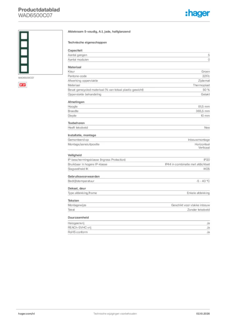 Afbeelding Hager Productdatablad WAD6500C07 | Hager Nederland