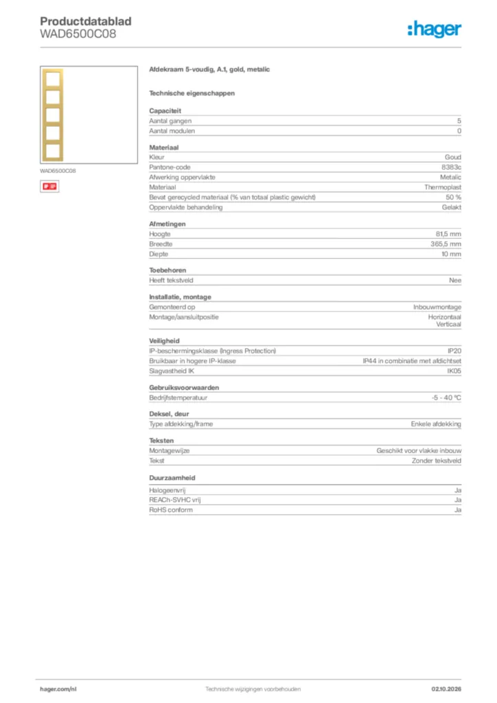 Afbeelding Hager Productdatablad WAD6500C08 | Hager Nederland