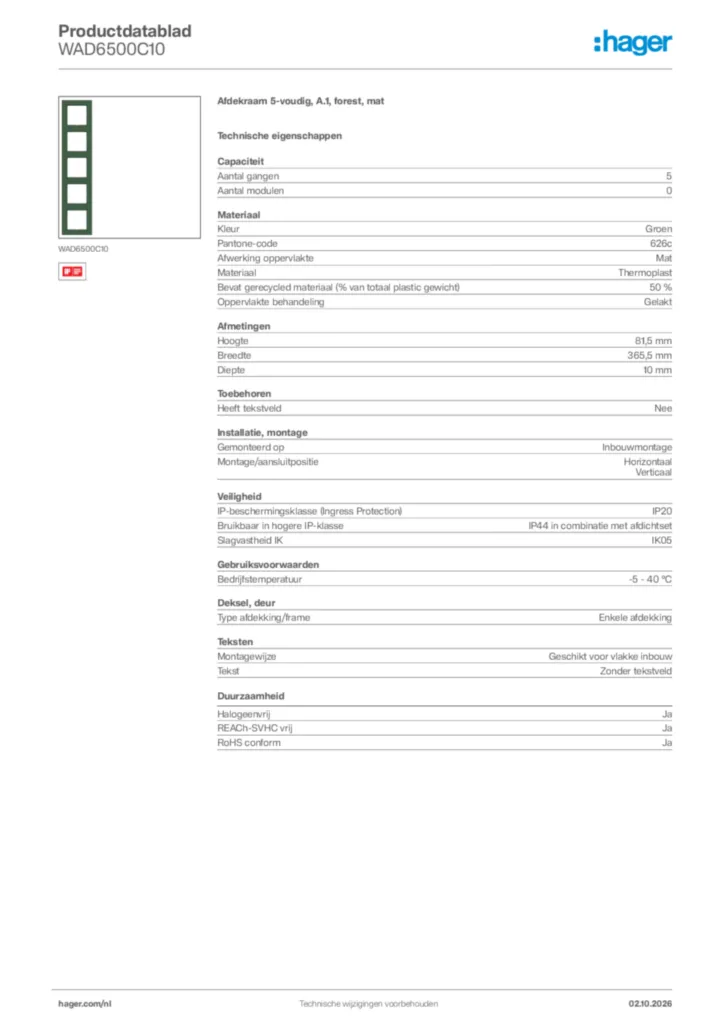 Afbeelding Hager Productdatablad WAD6500C10 | Hager Nederland