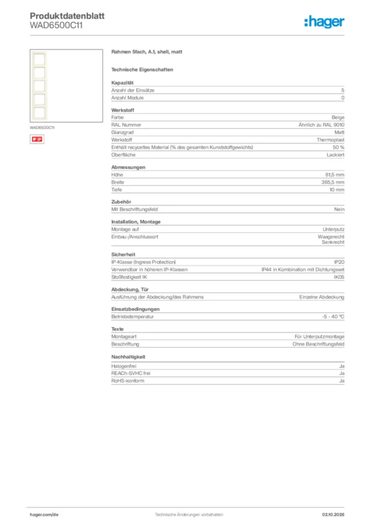 Bild Hager Produktdatenblatt WAD6500C11 | Hager Deutschland