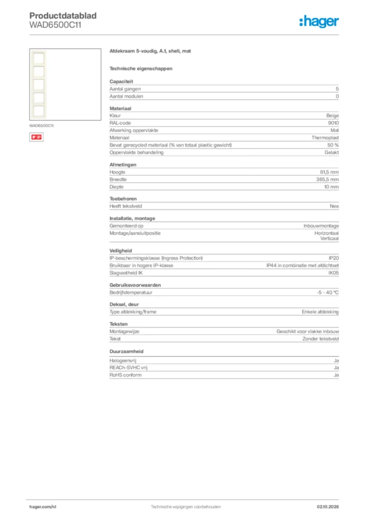 Afbeelding Hager Productdatablad WAD6500C11 | Hager Nederland