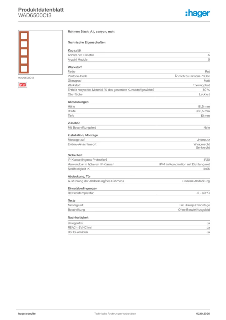 Bild Hager Produktdatenblatt WAD6500C13 | Hager Deutschland