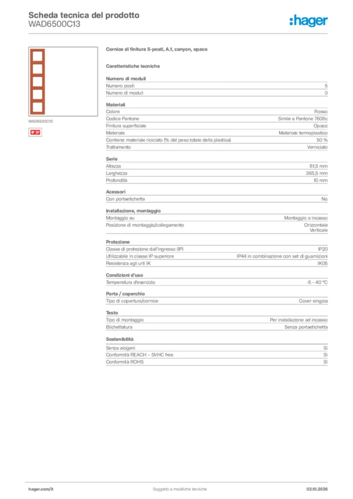 Immagine Hager Scheda tecnica del prodotto WAD6500C13 | Hager Italia