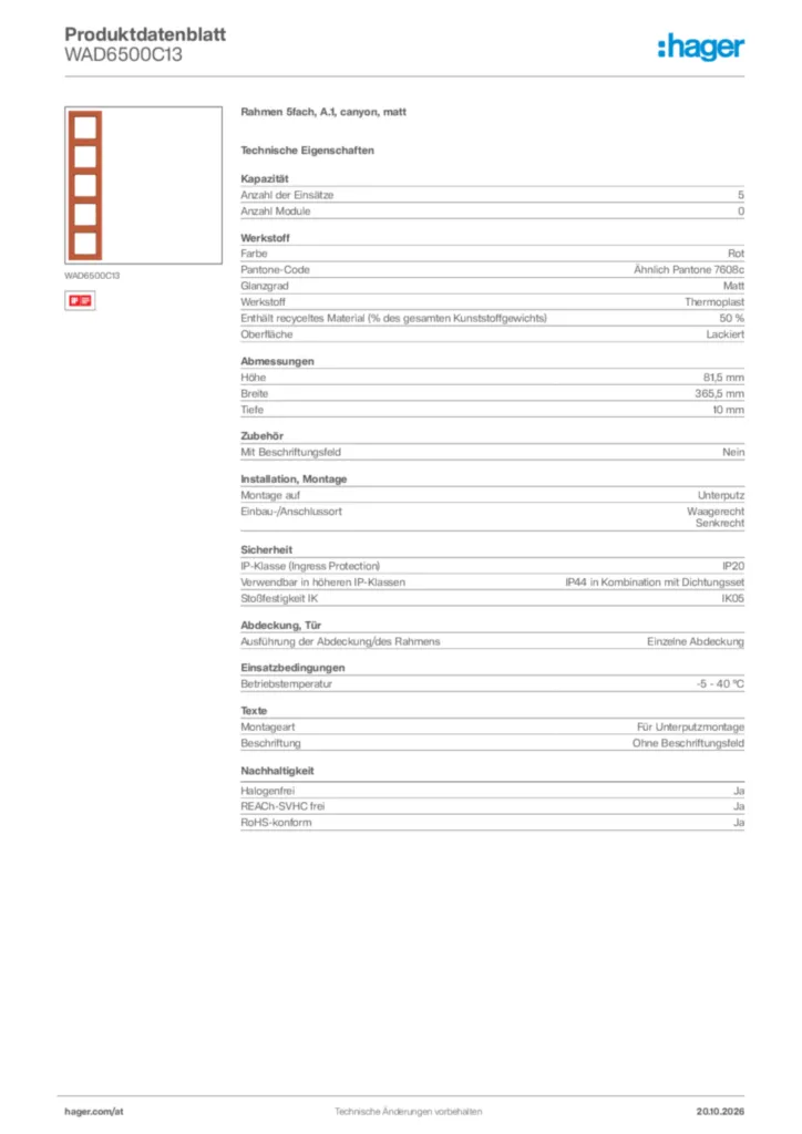 Bild Hager Produktdatenblatt WAD6500C13 | Hager Deutschland