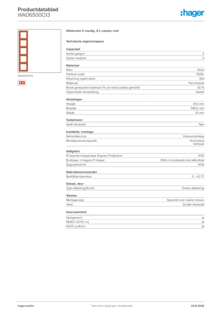 Afbeelding Hager Productdatablad WAD6500C13 | Hager Nederland