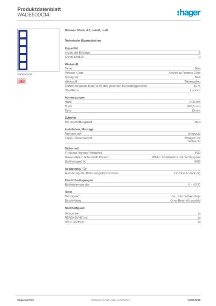 Bild Hager Produktdatenblatt WAD6500C14 | Hager Deutschland