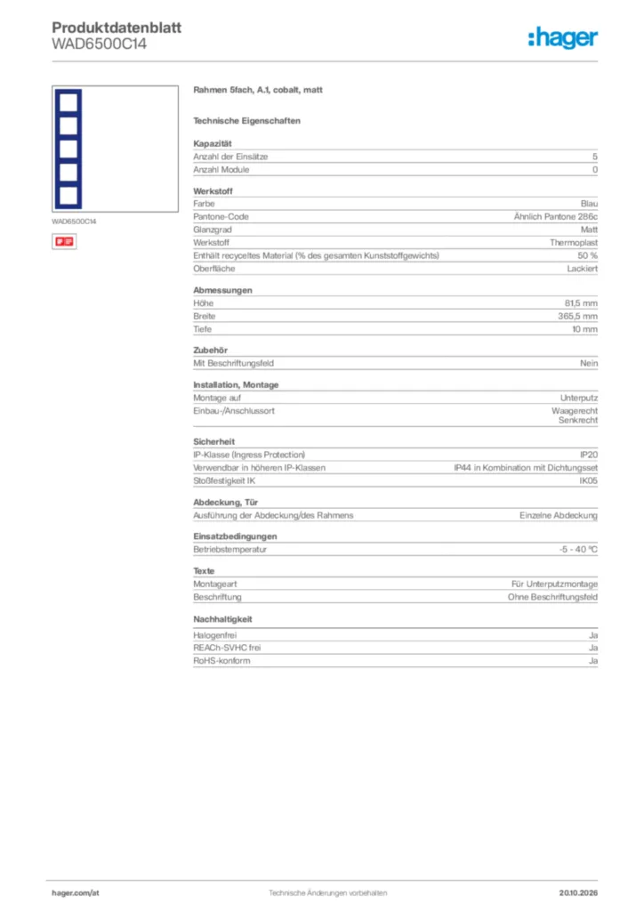 Bild Hager Produktdatenblatt WAD6500C14 | Hager Deutschland