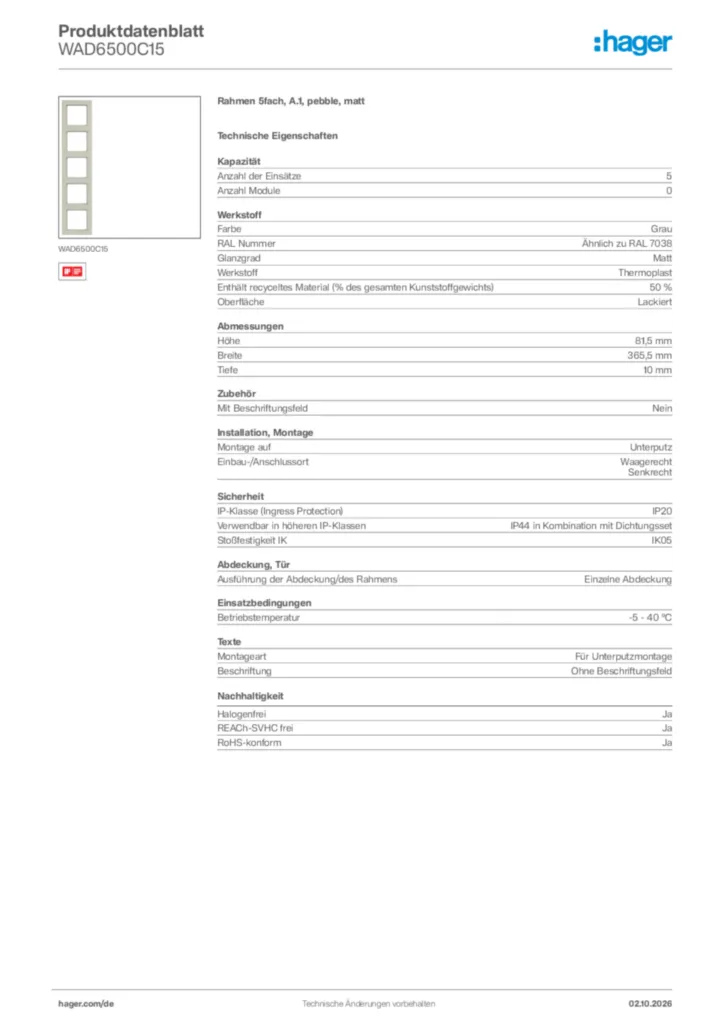 Bild Hager Produktdatenblatt WAD6500C15 | Hager Deutschland