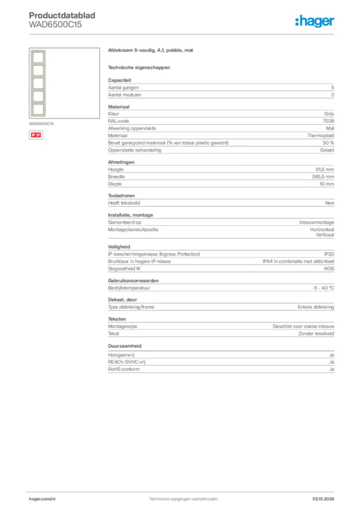 Afbeelding Hager Productdatablad WAD6500C15 | Hager Nederland