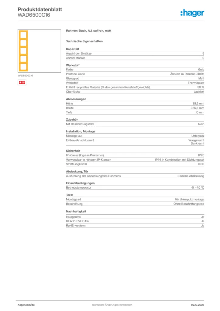 Bild Hager Produktdatenblatt WAD6500C16 | Hager Deutschland