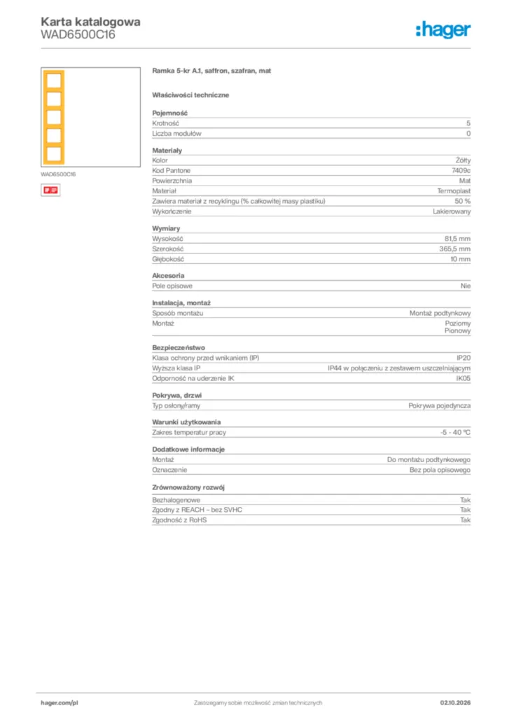 Zdjęcie Hager Karta katalogowa WAD6500C16 | Hager Polska